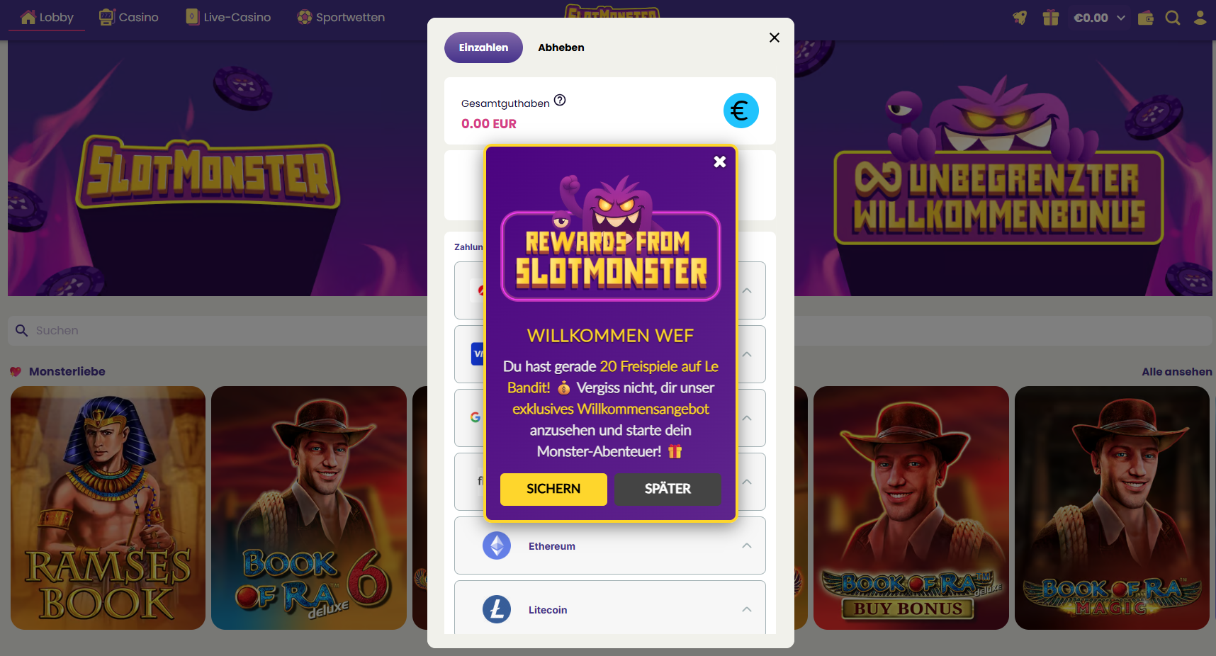 Slotmonster Freespins ohne Einzahlung